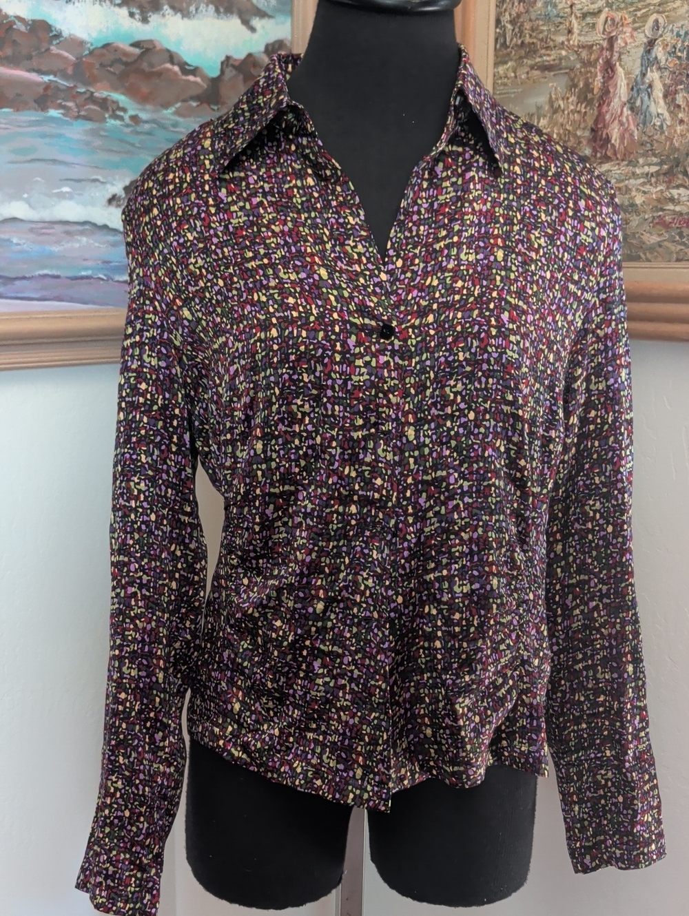 Women’s Purple Multi-Color Long-Sleeve Button Front Silk Top